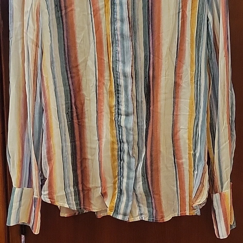 Bella Dahl | Colorful Striped Button Down Long Sleeve Blouse 100% Rayon - Size L - Picture 3 of 10